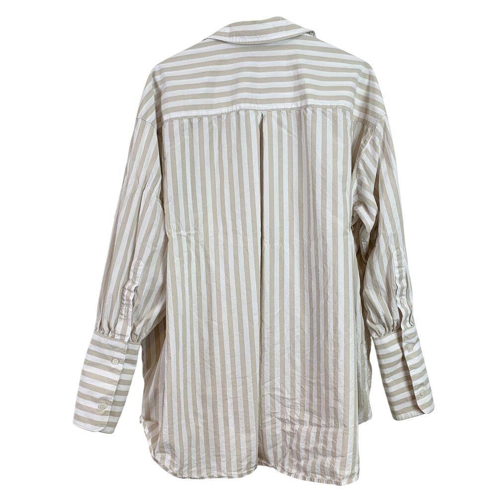 Helsa Cotton Poplin Striped Oversized Button Front Shirt Top Beige Stripe OS - Picture 13 of 13